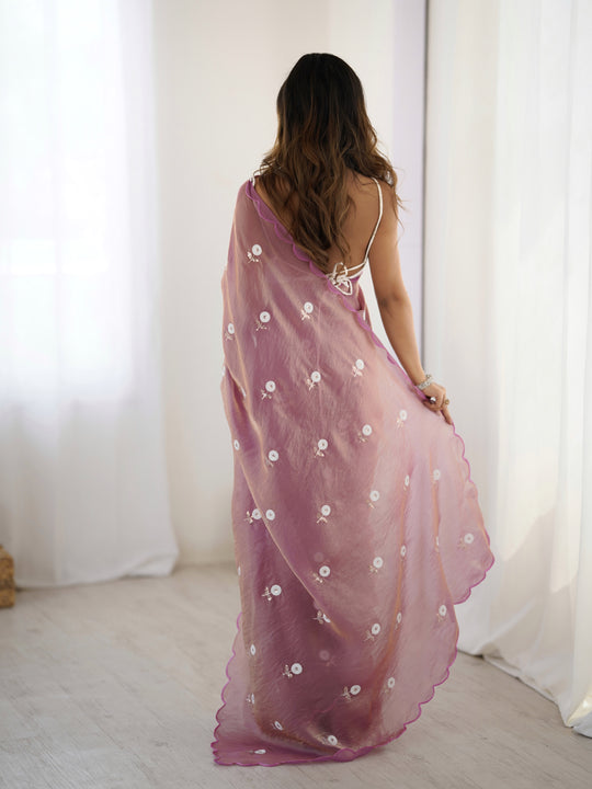 Pink Fendy Satin Two Tone Sequins Handwork Laceborder Saree With Blouse Piece