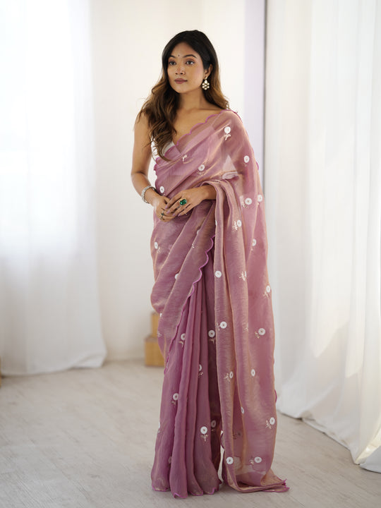 Pink Fendy Satin Two Tone Sequins Handwork Laceborder Saree With Blouse Piece