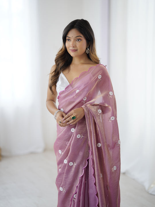 Pink Fendy Satin Two Tone Sequins Handwork Laceborder Saree With Blouse Piece