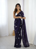 Dark Blue Fendy Satin Two Tone Sequins Handwork Laceborder Saree With Blouse Piece