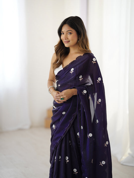 Dark Blue Fendy Satin Two Tone Sequins Handwork Laceborder Saree With Blouse Piece