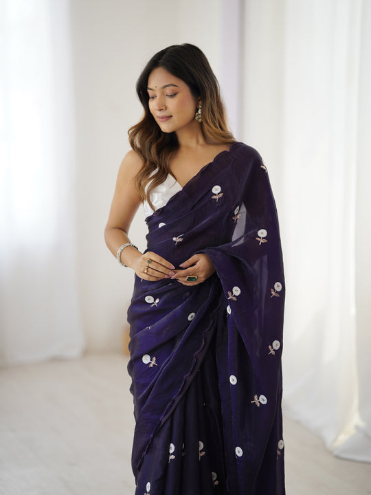 Dark Blue Fendy Satin Two Tone Sequins Handwork Laceborder Saree With Blouse Piece