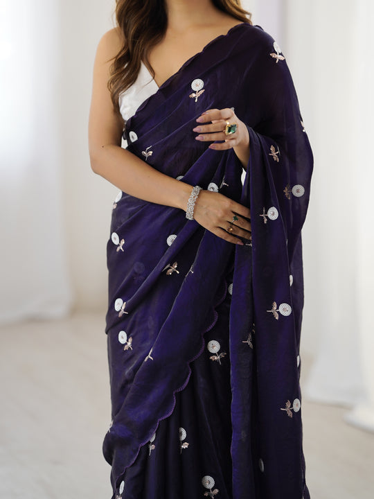 Dark Blue Fendy Satin Two Tone Sequins Handwork Laceborder Saree With Blouse Piece