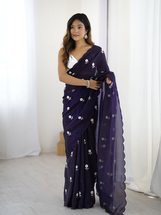 Dark Blue Fendy Satin Two Tone Sequins Handwork Laceborder Saree With Blouse Piece