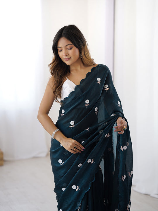 Teal Blue Fendy Satin Two Tone Sequins Handwork Laceborder Saree With Blouse Piece