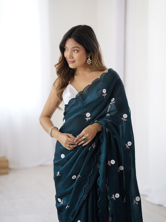 Teal Blue Fendy Satin Two Tone Sequins Handwork Laceborder Saree With Blouse Piece