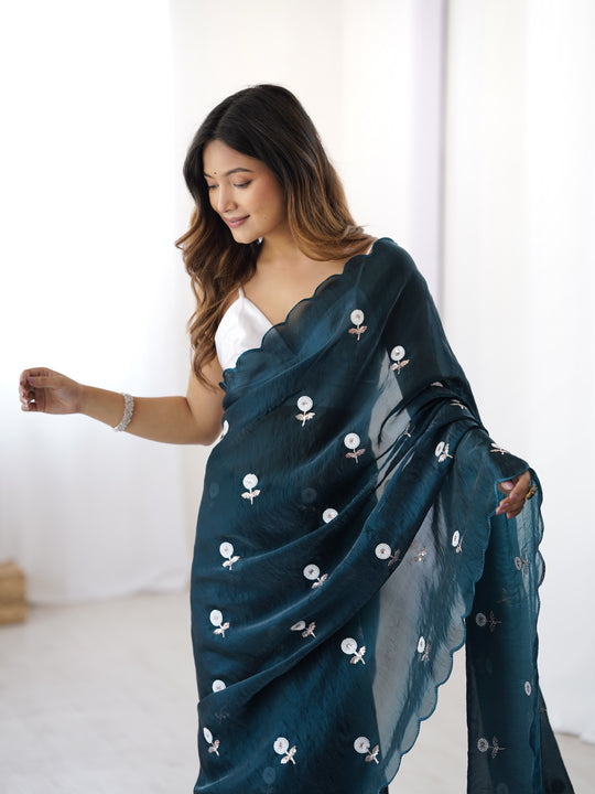 Teal Blue Fendy Satin Two Tone Sequins Handwork Laceborder Saree With Blouse Piece