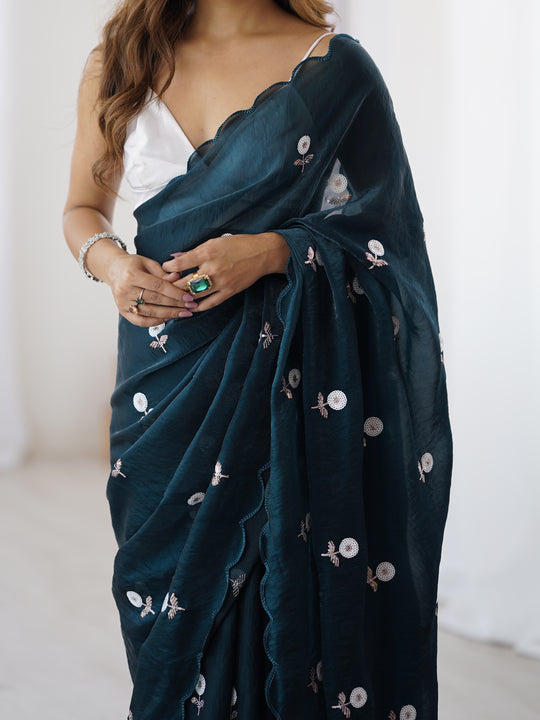 Teal Blue Fendy Satin Two Tone Sequins Handwork Laceborder Saree With Blouse Piece