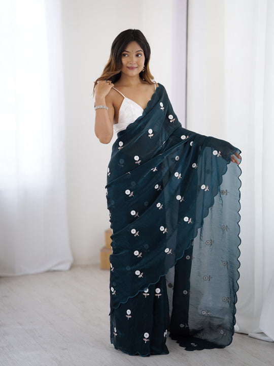 Teal Blue Fendy Satin Two Tone Sequins Handwork Laceborder Saree With Blouse Piece