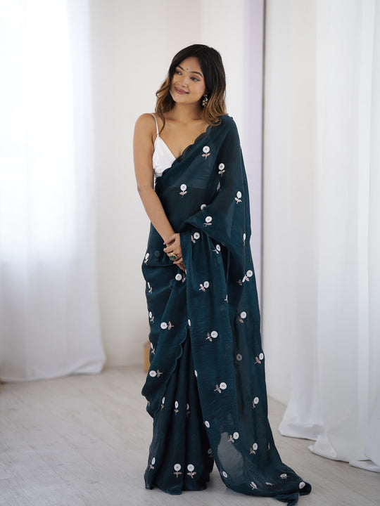 Teal Blue Fendy Satin Two Tone Sequins Handwork Laceborder Saree With Blouse Piece