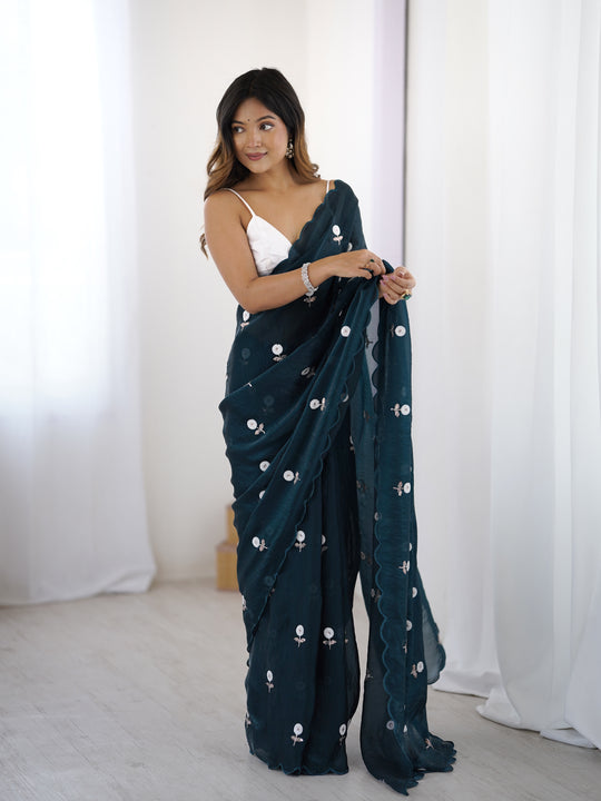 Teal Blue Fendy Satin Two Tone Sequins Handwork Laceborder Saree With Blouse Piece