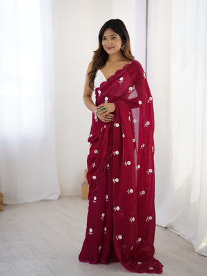 Red Fendy Satin Two Tone Sequins Handwork Laceborder Saree With Blouse Piece