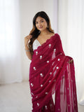 Red Fendy Satin Two Tone Sequins Handwork Laceborder Saree With Blouse Piece