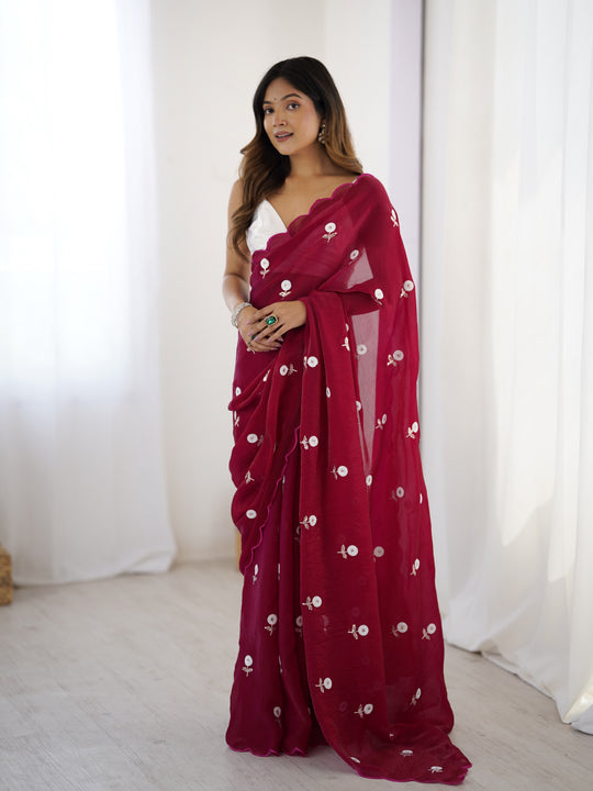 Red Fendy Satin Two Tone Sequins Handwork Laceborder Saree With Blouse Piece