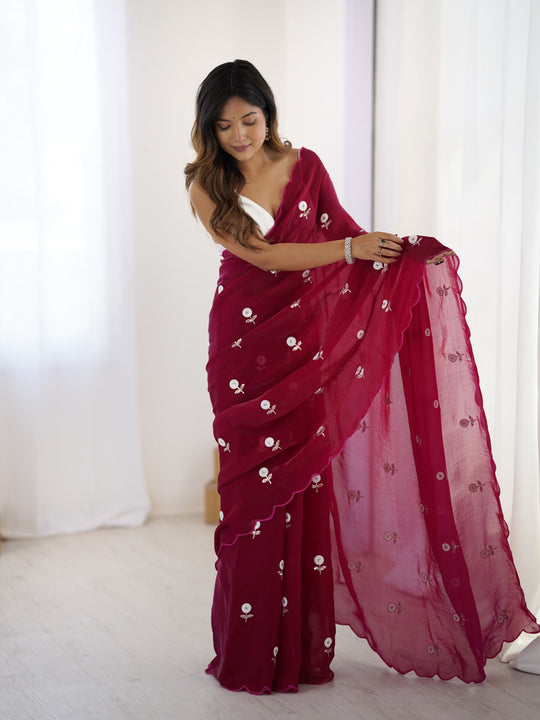 Red Fendy Satin Two Tone Sequins Handwork Laceborder Saree With Blouse Piece