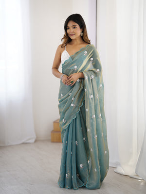 Sea Green Fendy Satin Two Tone Sequins Handwork Laceborder Saree With Blouse Piece