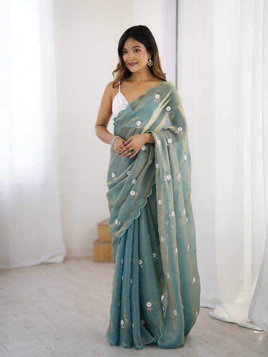 Sea Green Fendy Satin Two Tone Sequins Handwork Laceborder Saree With Blouse Piece