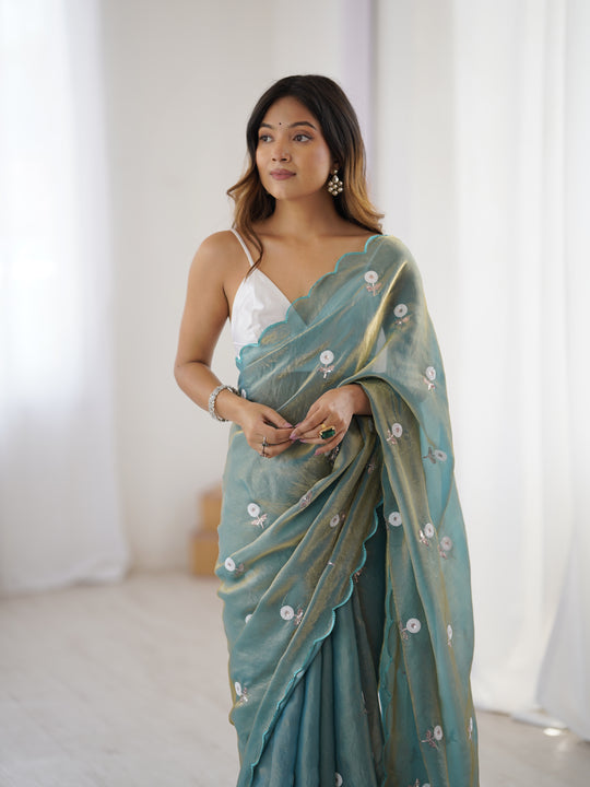 Sea Green Fendy Satin Two Tone Sequins Handwork Laceborder Saree With Blouse Piece
