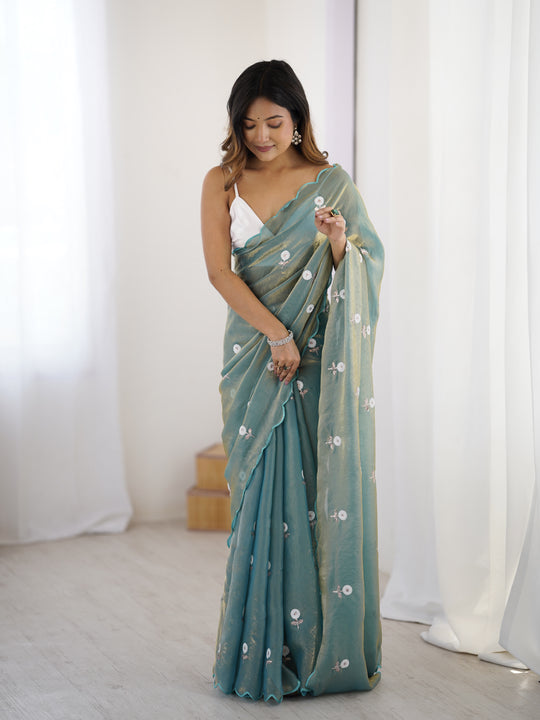 Sea Green Fendy Satin Two Tone Sequins Handwork Laceborder Saree With Blouse Piece