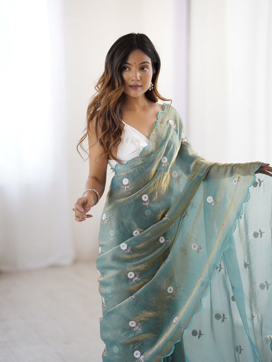 Sea Green Fendy Satin Two Tone Sequins Handwork Laceborder Saree With Blouse Piece