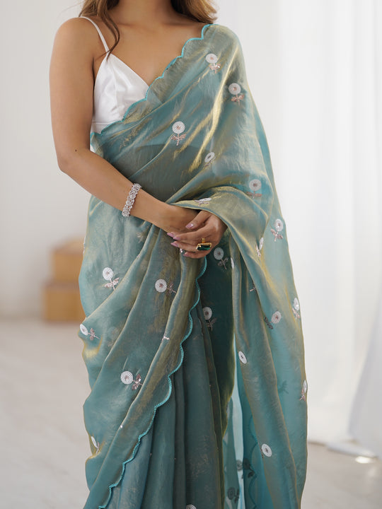 Sea Green Fendy Satin Two Tone Sequins Handwork Laceborder Saree With Blouse Piece