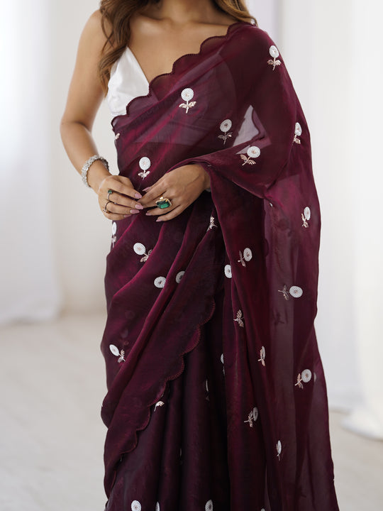 Maroon Fendy Satin Two Tone Sequins Handwork Laceborder Saree With Blouse Piece