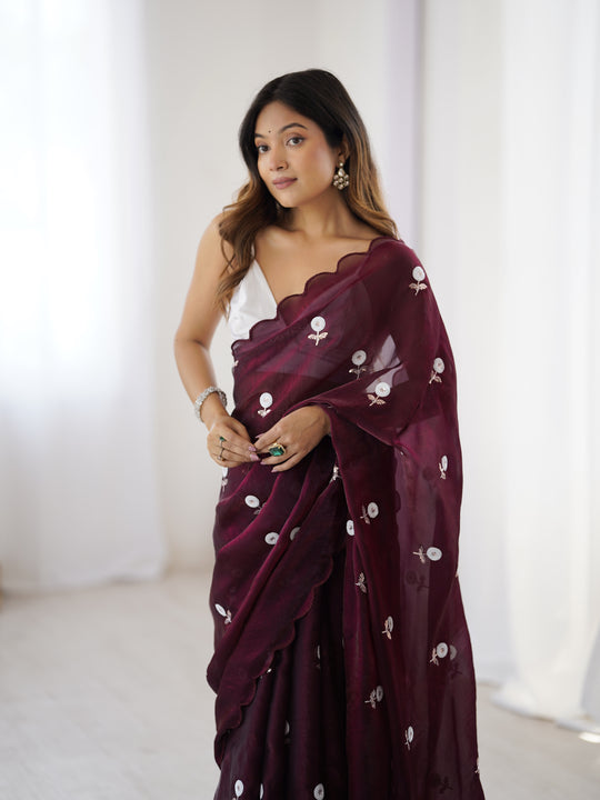 Maroon Fendy Satin Two Tone Sequins Handwork Laceborder Saree With Blouse Piece