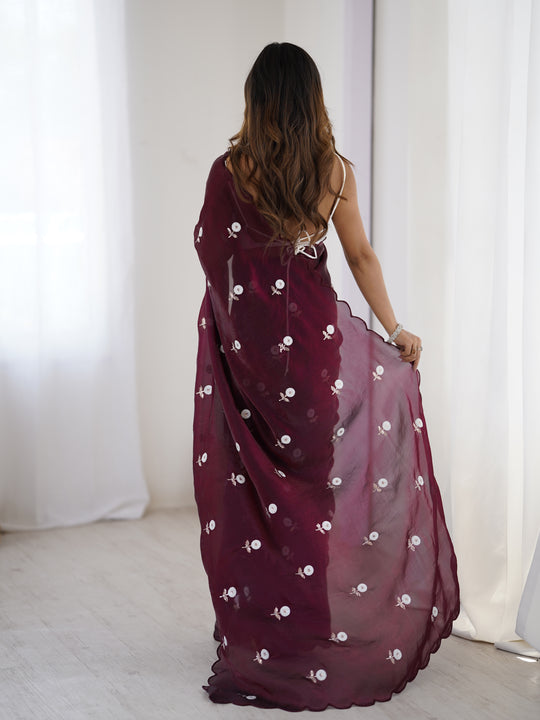 Maroon Fendy Satin Two Tone Sequins Handwork Laceborder Saree With Blouse Piece