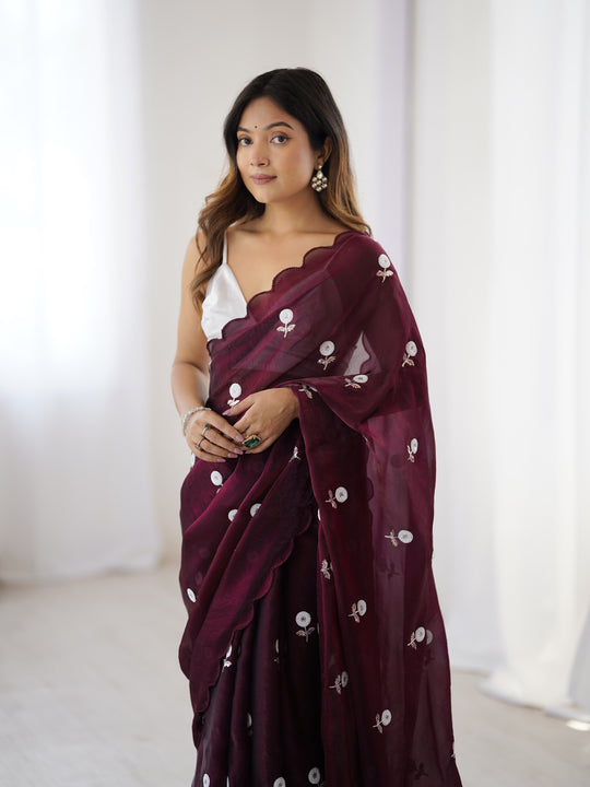 Maroon Fendy Satin Two Tone Sequins Handwork Laceborder Saree With Blouse Piece