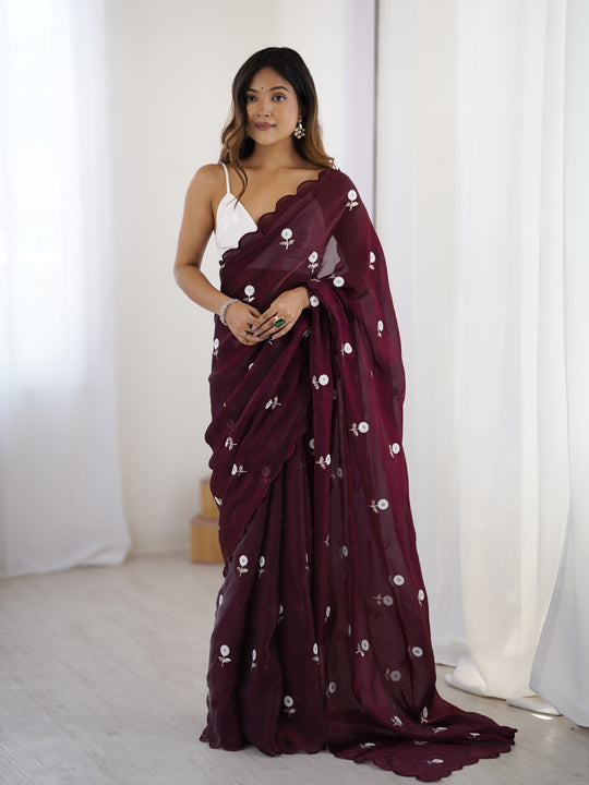 Maroon Fendy Satin Two Tone Sequins Handwork Laceborder Saree With Blouse Piece