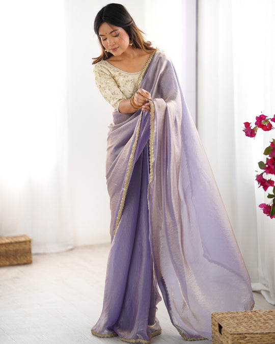Lavender Fendy Satin Sequins Handwork Laceborder Saree With Blouse Piece