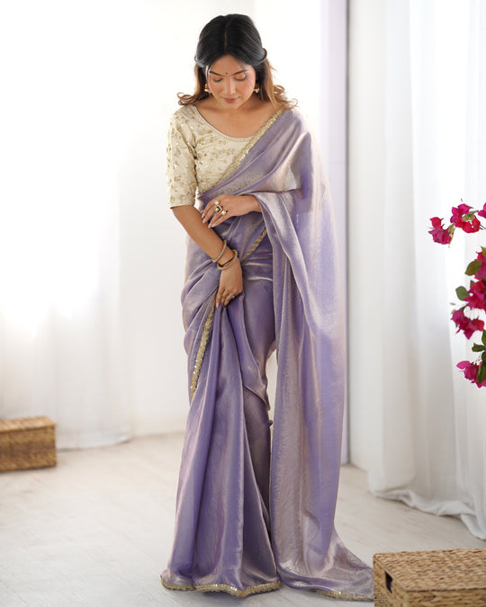 Lavender Fendy Satin Sequins Handwork Laceborder Saree With Blouse Piece