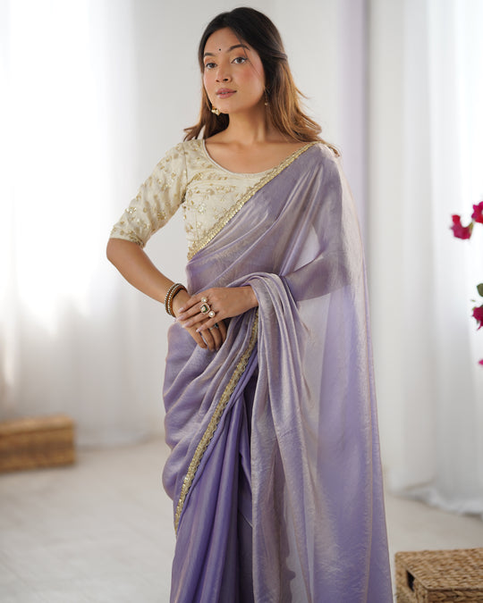 Lavender Fendy Satin Sequins Handwork Laceborder Saree With Blouse Piece