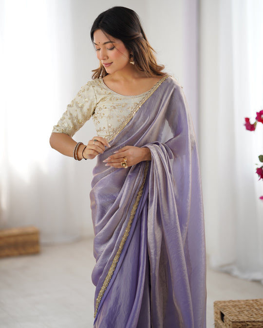 Lavender Fendy Satin Sequins Handwork Laceborder Saree With Blouse Piece