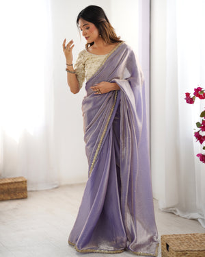 Lavender Fendy Satin Sequins Handwork Laceborder Saree With Blouse Piece