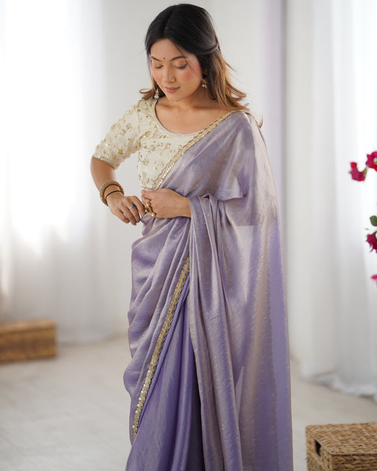 Lavender Fendy Satin Sequins Handwork Laceborder Saree With Blouse Piece