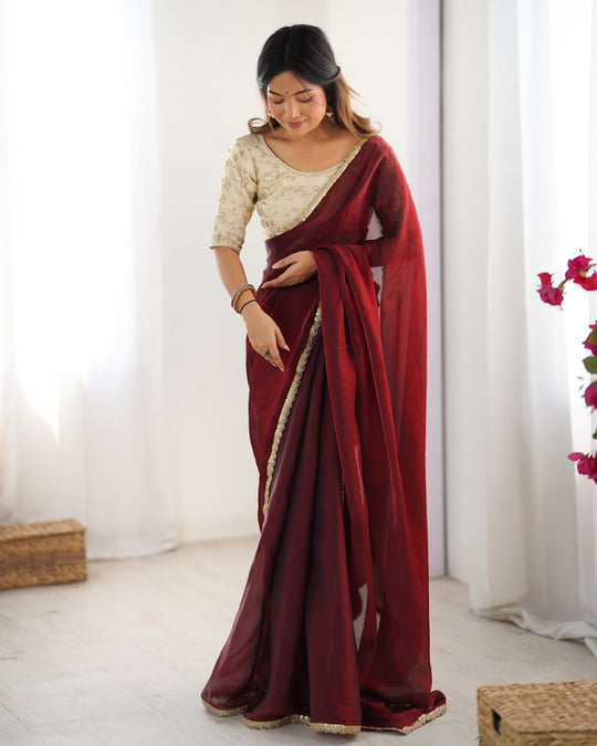 Red Fendy Satin Sequins Handwork Laceborder Saree With Blouse Piece