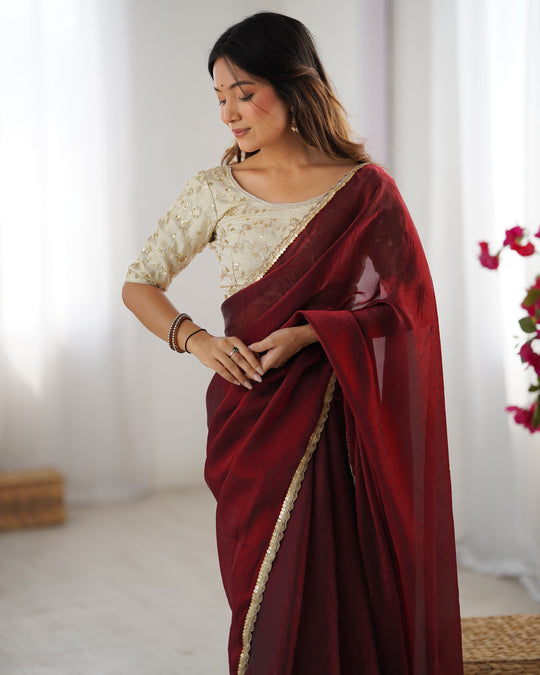 Red Fendy Satin Sequins Handwork Laceborder Saree With Blouse Piece