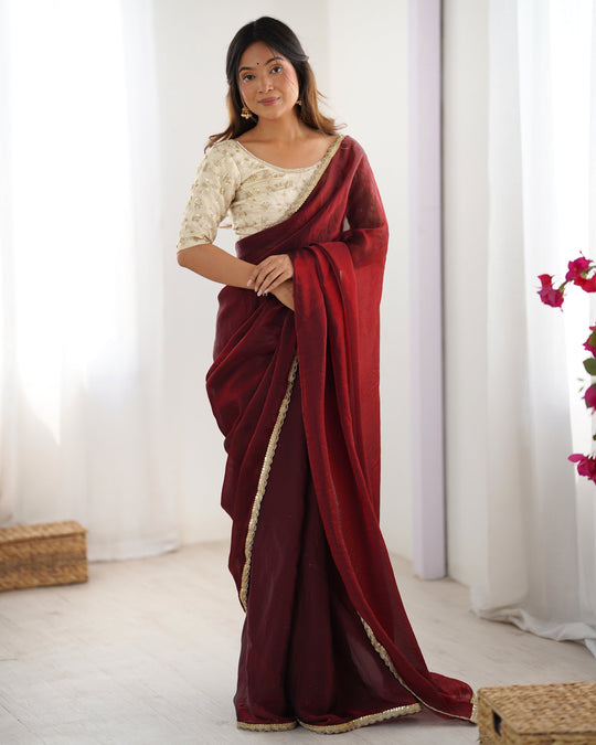 Red Fendy Satin Sequins Handwork Laceborder Saree With Blouse Piece