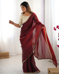Red Fendy Satin Sequins Handwork Laceborder Saree With Blouse Piece