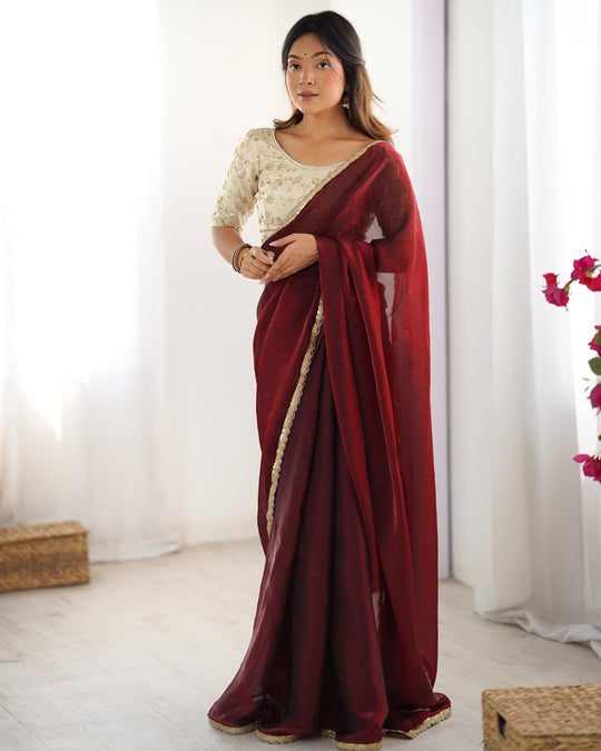 Red Fendy Satin Sequins Handwork Laceborder Saree With Blouse Piece