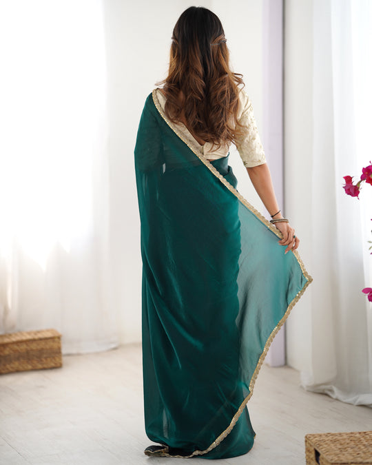 Green Fendy Satin Sequins Handwork Laceborder Saree With Blouse Piece