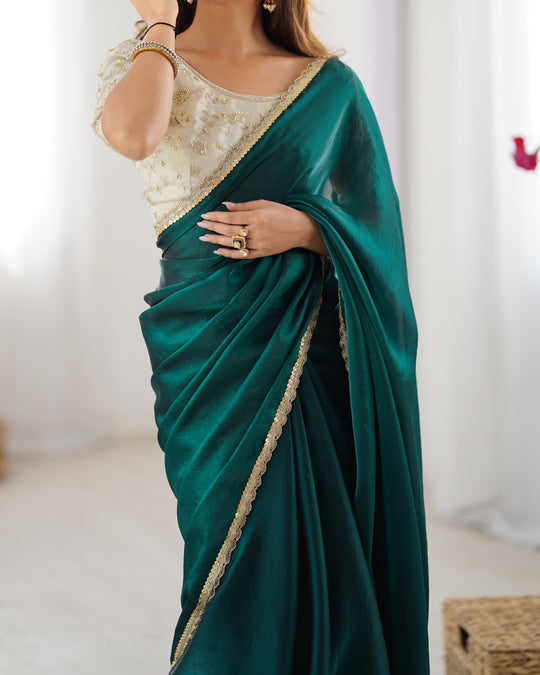 Green Fendy Satin Sequins Handwork Laceborder Saree With Blouse Piece