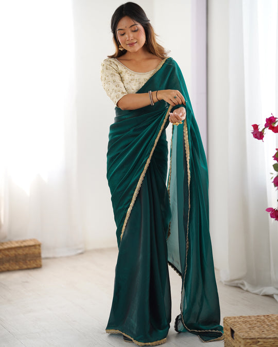 Green Fendy Satin Sequins Handwork Laceborder Saree With Blouse Piece