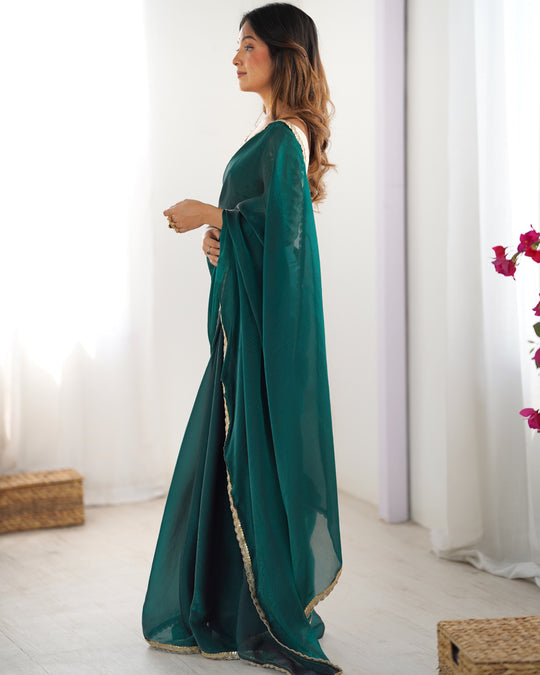 Green Fendy Satin Sequins Handwork Laceborder Saree With Blouse Piece