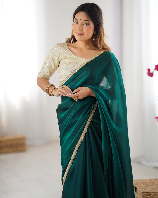 Green Fendy Satin Sequins Handwork Laceborder Saree With Blouse Piece