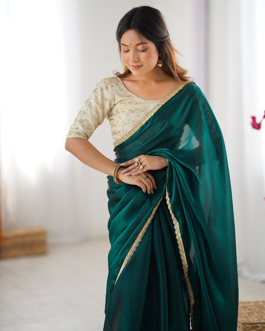 Green Fendy Satin Sequins Handwork Laceborder Saree With Blouse Piece