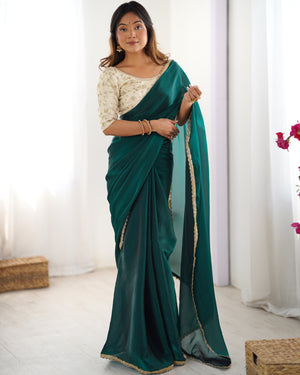 Green Fendy Satin Sequins Handwork Laceborder Saree With Blouse Piece