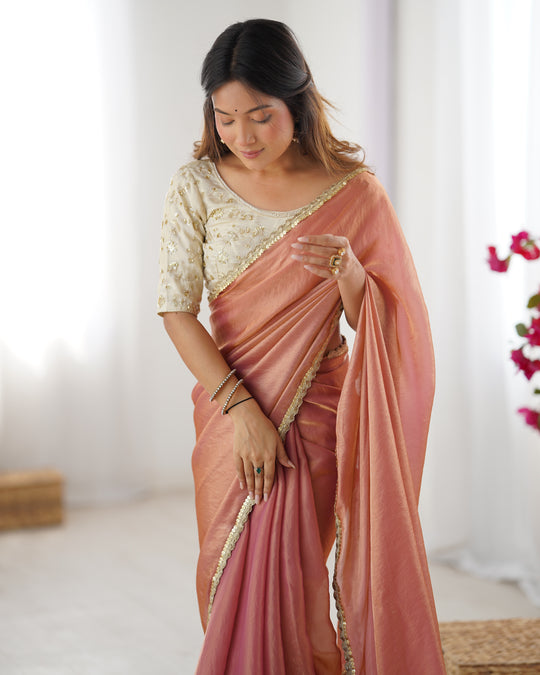 Peach Fendy Satin Sequins Handwork Laceborder Saree With Blouse Piece