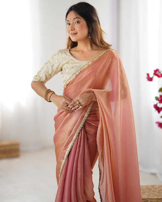 Peach Fendy Satin Sequins Handwork Laceborder Saree With Blouse Piece